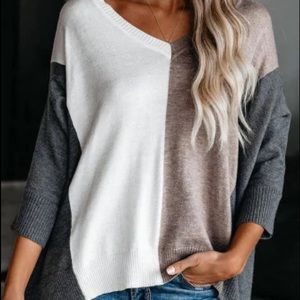 Lovestitch V-neck Sweater | Gray, Cream and Brown | Size M |